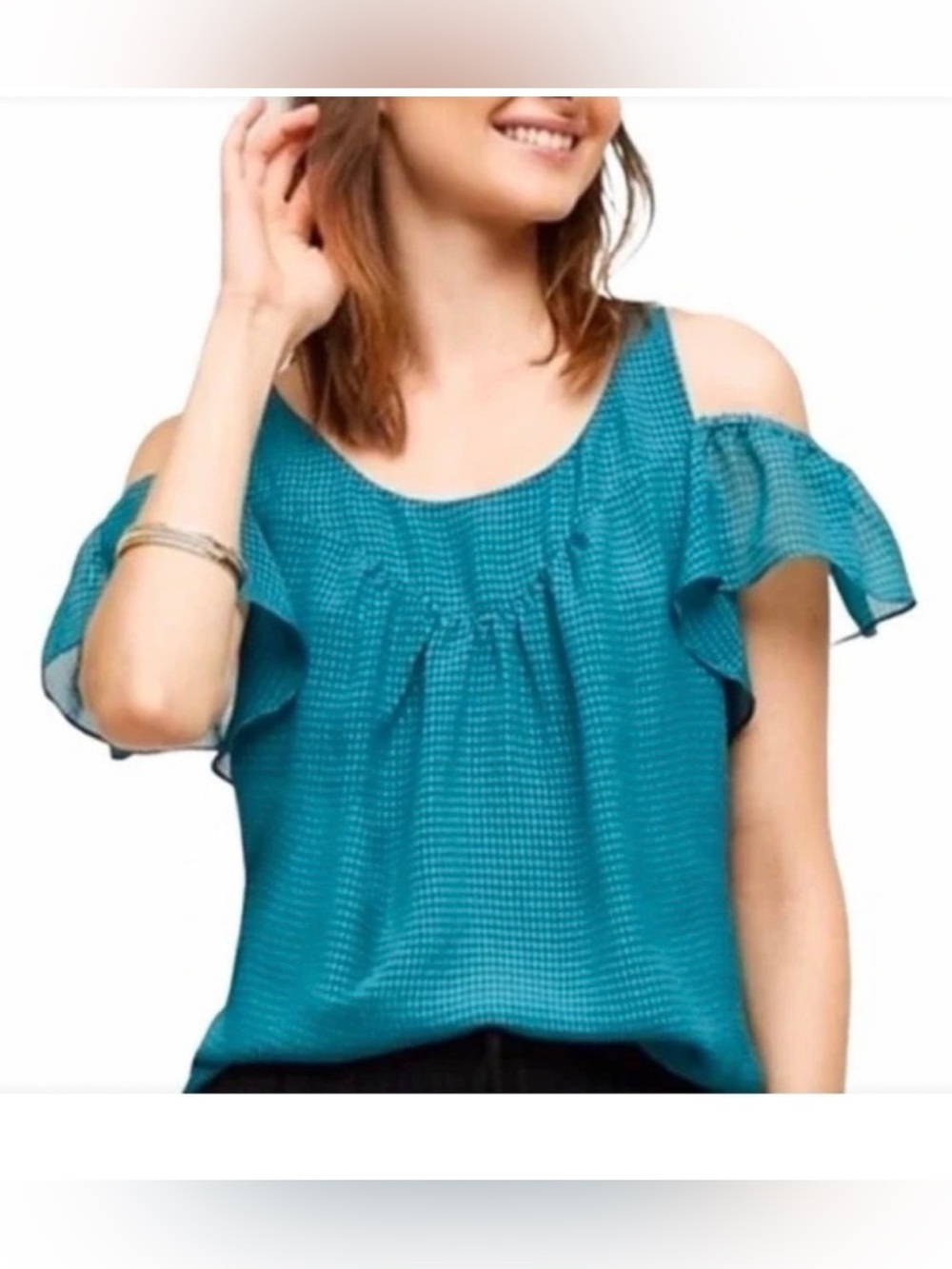 Maeve Anthropologie Teal Cold-Shoulde Ruffle Top Flounce Short Sleeve  Size 6